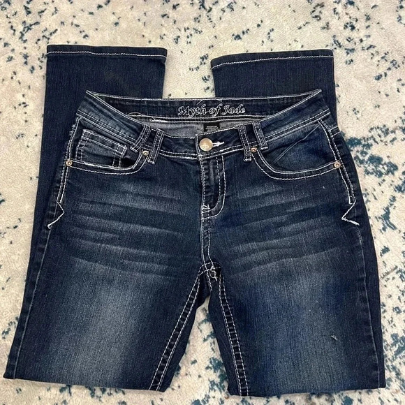 Myth of Jade Dark Wash Boot Cut straight leg white stitching pocket detail 28 - Picture 7 of 7